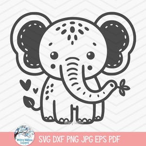 Può includere: Un disegno in bianco e nero di un simpatico elefante dei cartoni animati che tiene una foglia nella sua proboscide. L'elefante ha un motivo a pois sul suo corpo e grandi orecchie con dettagli di cucitura. Ci sono due cuori dietro l'elefante.