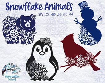 Snowflake Animals SVG Bundle, Cardinal SVG, Bear, Penguin, Snowman, Dxf, PNG, Winter Svg, Christmas Svg, Winter Animal, Polar Bear Svg