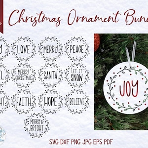 Paquete SVG de adornos navideños para Cricut: adornos de corona de granja, Feliz Navidad, alegría, amor, alegre y brillante, archivos SVG de vinilo redondos