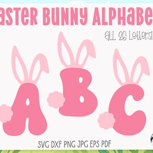 Osterhase Alphabet SVG-Datei-Bundle für Cricut, Retro Fun ABC Buchstaben mit Kaninchenohren und Schwanz PNG, Kinder Frühling Urlaub Monogramm Handwerk