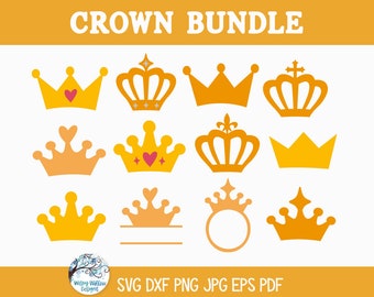 Op de afbeelding: Een digitale collectie van twaalf gele en oranje kroongrafieken gerangschikt in een raster. De tekst CROWN BUNDLE staat bovenaan en SVG DXF PNG JPG EPS PDF onderaan. Eén kroon heeft een hartje, een andere een monogramkader.