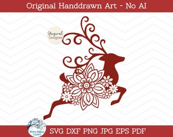 Reindeer SVG, Christmas SVG, Floral Reindeer, Reindeer with Flowers, Reindeer Mandala, Dxf, png, jpg, Reindeer, Vinyl Decal File, Christmas