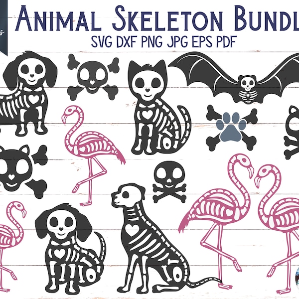 Animal Skeleton SVG Bundle, Halloween Skeleton SVGs, Dog Skeleton, Cat Skeleton, Bat Skeleton, Flamingo Skeleton, Vinyl Decal File, Cricut