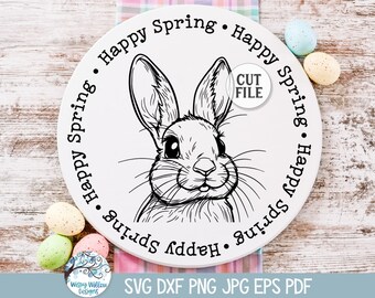 Happy Spring ronde bord SVG voor Cricut, paashaas voordeurhanger, konijn afdrukbare png, voorjaar teken ontwerp JPG, vinyl decal gesneden bestand