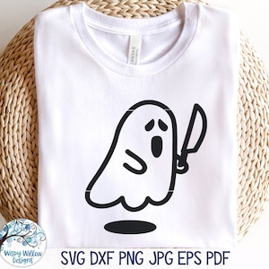 Cute Ghost SVG for Cricut, Halloween Ghost Doodle with Knife PNG, Scary Ghost Drawing, Fall Vinyl Decal File for Silhouette, JPG Printable