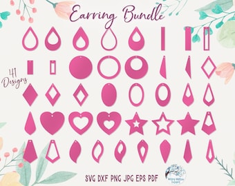 May include: A set of 41 earring designs in SVG, DXF, PNG, JPG, EPS, and PDF formats. The designs include various shapes, such as teardrops, circles, ovals, diamonds, hearts, stars, and leaves. The designs are all pink and white.