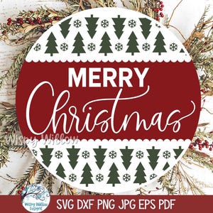 Merry Christmas SVG, Round Christmas Tree Sign for Cricut, Winter Holiday Welcome Door Hanger PNG, Farmhouse Decor Cut File, Printable JPG