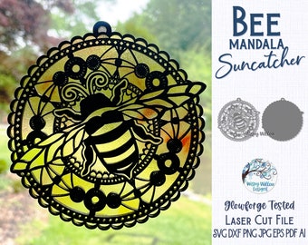 Adorno atrapasoles de mandala de abeja para Glowforge o cortadora láser SVG, atrapasoles de mandala de animales de verano SVG, adorno de abeja, archivo de corte láser SVG