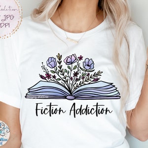 Fiction Addiction Png, Book with Flowers Sublimation PNG, Floral Book PNG, Blue Watercolor Book with Flowers Growing, Reading, Read Jpg Png