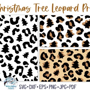 May include: Four seamless patterns featuring a black and white leopard print with Christmas trees. The patterns are on a white background, a black background, a tan background, and a white background.