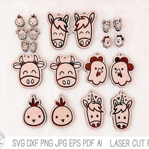 Animal Doodle Earring Bundle, Cow, Horse, Chicken, Rooster, Unicorn Dangle Earring File, Glowforge Laser Cutter, Farm Animal Stud Earrings