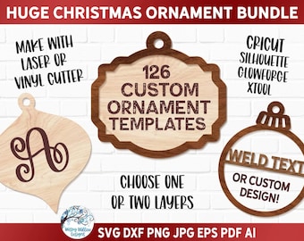Paquete de archivos SVG de adornos navideños en blanco, adornos cortados con láser, regalos de adornos personalizados, plantilla de adorno de madera para manualidades, archivo Glowforge, AI
