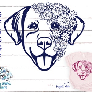 May include: A blue silhouette of a dog's head with flowers covering one eye. The dog is smiling with its tongue sticking out. The image is on a white wood background. "Project Idea" is written below the image.
