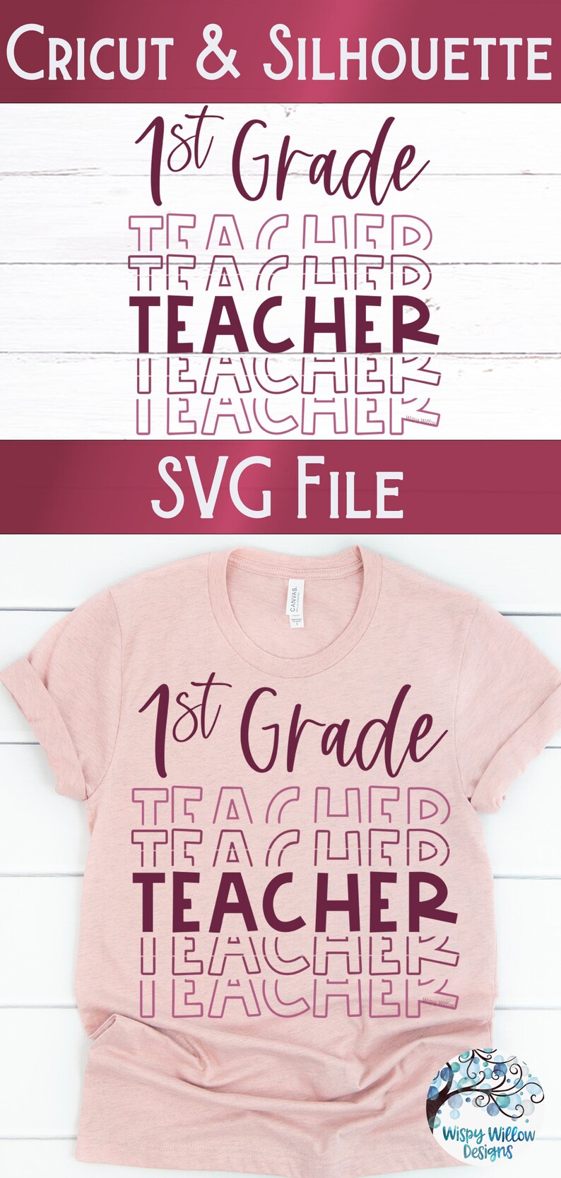May include: A pink t-shirt with the text "1st Grade" and the word "Teacher" repeated multiple times in a stacked, layered design. The text is in a burgundy color.