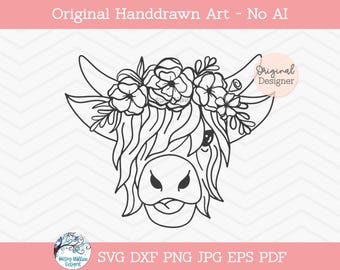 Highland Cow with Flowers SVG, Floral Highland Cow SVG, Cow with Floral Crown Png, Floral Cow, Long Haired Cow, Vinyl Decal File for Cricut