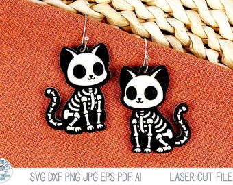 Cat Skeleton Earring SVG File for Laser Cutter, Kitten Halloween Jewelry for Glowforge, Xtool, Funny Fall Pet Animal Earring Design DXF
