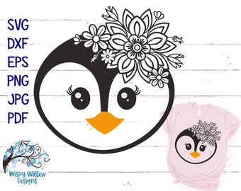 Floral Penguin SVG for Cricut, Cute Baby Penguin Face With Flowers, Girl Penguin with Flower Mandala Headband, Vinyl Decal Cut File