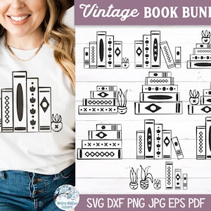 May include: A digital download of 15 SVG, DXF, PNG, JPG, EPS, and PDF files featuring vintage book stack illustrations. The illustrations include stacks of books with decorative elements like flowers and geometric patterns.