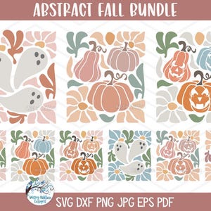 Może przedstawiać: Cyfrowy zestaw graficzny zatytułowany ABSTRACT FALL BUNDLE zawierający różne ilustracje duchów, dyń i lampionów z dyni w stonowanych odcieniach pomarańczu, różu, błękitu i zieleni. Zawiera formaty plików SVG, DXF, PNG, JPG, EPS oraz PDF.