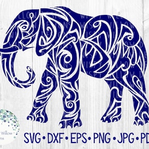May include: A navy blue silhouette of an elephant with intricate, swirling patterns throughout the body. The elephant is facing right and has its trunk raised. The image is on a white woodgrain background.