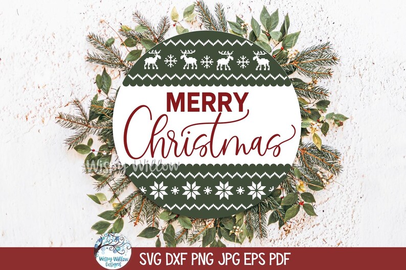 May include: A circular sign featuring a dark green background with white patterns of reindeer and snowflakes. The center has a white horizontal band with the text Merry Christmas in dark red script and block lettering. The design is festive.