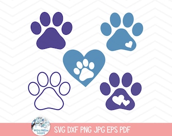 Dog Paw Prints SVG for Cricut, Pet Paw Print with Hearts, Cat Foot Print, Animal PNG Clipart, Vinyl Decal Cut File Bundle, Instant Download