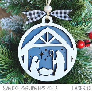Krippe Weihnachten Ornament SVG-Datei für Glowforge oder Laser Cutter, Jesuskind, Maria und Joseph, religiöse christliche Laser Cut Datei, Xtool