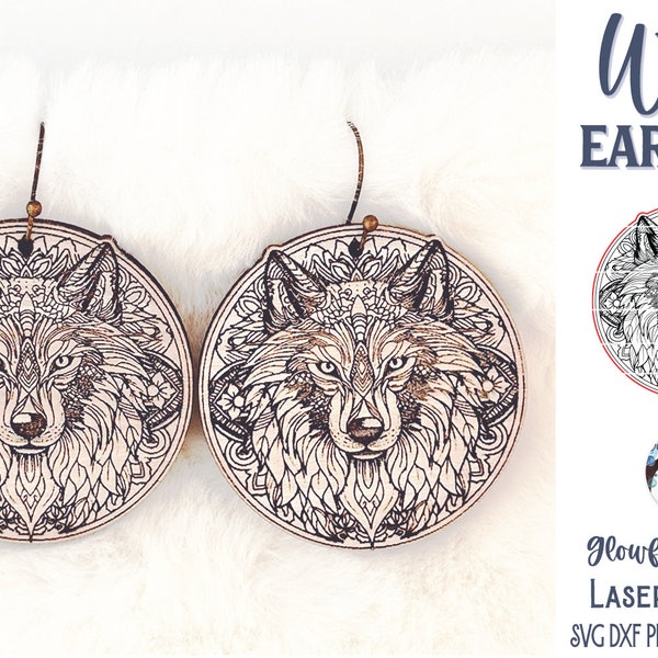 Wolf Earrings SVG File for Glowforge or Laser Cutter, Mandala Wolf Face, Boho Animal Mandala Earring File, Wolves Jewelry Download, SVG, AI