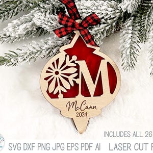 Personalized Monogram Christmas Ornament SVG File Bundle, Snowflake Family Name Letter Wood Holiday Ornament, Glowforge, Xtool Cut File