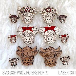 Highland Cow Earring Bundle, File for Glowforge or Laser Cutter, Farm Animal Earrings, Stud Wood Earring SVG File, Cow Face Dangle Earrings