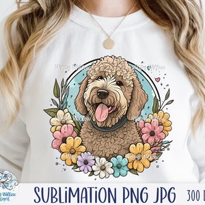 Goldendoodle Dog Sublimation Png, Labradoodle Cartoon Dog with Flowers, Floral Dog Drawing JPG, Blond Poodle Puppy
