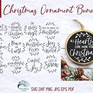 Kerstornament SVG-bundel, ornament SVG's, All Hearts Come Home, Joy to the World, vrede op aarde, ronde ornament SVG-bestanden, vinyl decal