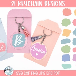 May include: 21 keychain designs featuring a variety of pastel colored shapes and a white heart. The keychains are shown on a pink, blue, and white background. The text "21 KEYCHAIN DESIGNS" is at the top of the image. The text "SVG DXF PNG JPG EPS PDF" is at the bottom of the image.