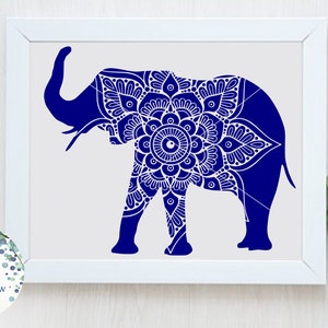 May include: A blue silhouette of an elephant with a mandala pattern on its body. The elephant is standing on a white background.