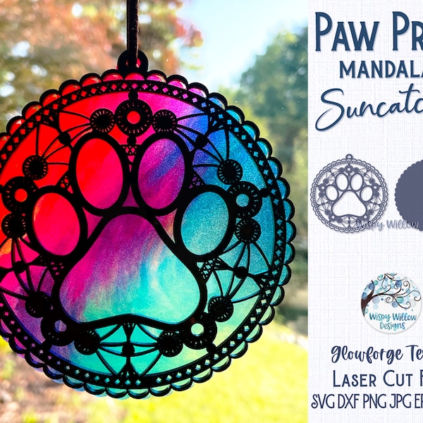 Pfotenabdruck Mandala Suncatcher Ornament für Glowforge oder Laser Cutter SVG, Hund Katze Tier Mandala Suncatcher SVG, Haustier Lasercut Datei SVG, AI