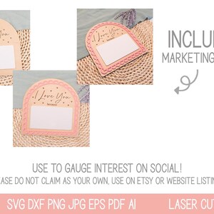 May include: Three arch-shaped wooden signs featuring the text I Love You because with a blank white rectangular space for writing. The designs include a plain light wood version and two versions with a textured pink border and small star accents.
