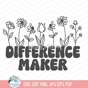 Może przedstawiać: Czarno-biały projekt sztuki liniowej z kwiatami i tekstem "Difference Maker".