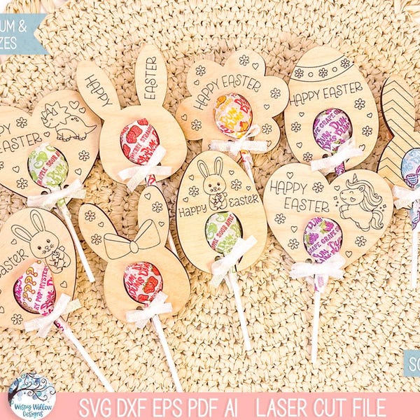 Paquete de archivos SVG de porta paletas de Pascua, cortador láser Glowforge, conejito, unicornio, dinosaurio, regalo para el aula infantil.