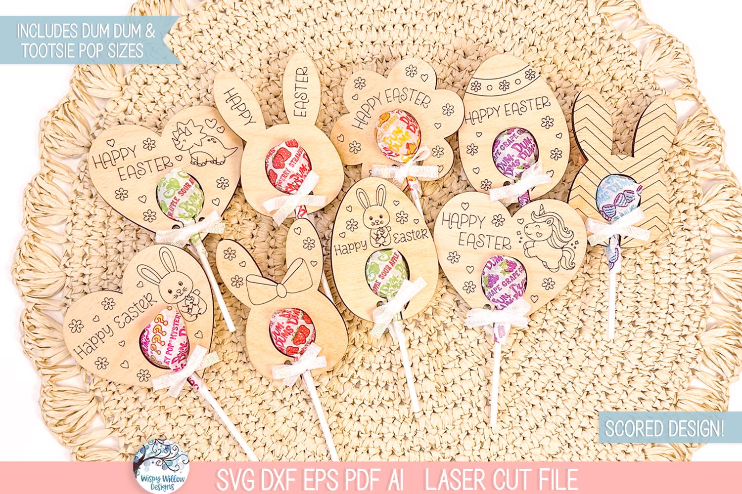 Easter Lollipop Holder SVG File Bundle, Glowforge Laser Cutter, Cute Bunny Rabbit, Unicorn, Dinosaur, Kid's Classroom Sucker Gift Craft