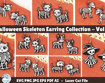 May include: A collection of black and white skeleton-themed earrings featuring various animals and figures, including a cow, dog breeds, a horse, an owl, and a witch. The text reads Halloween Skeleton Earring Collection – Vol 2 and SVG PNG JPG EPS PDF AI – Laser Cut File.