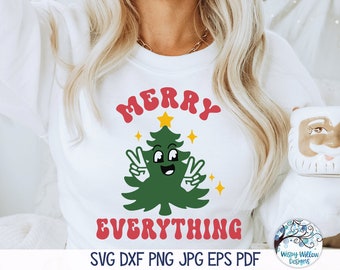 Merry Everything SVG for Cricut, Retro Christmas Tree with Face and Peace Fingers, Funny Sublimation PNG, Groovy Vinyl Decal Cut File