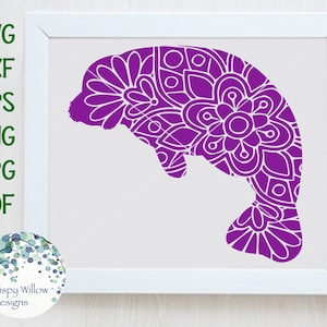May include: A purple manatee silhouette filled with intricate white floral and geometric mandala patterns. The text SVG, DXF, EPS, PNG, JPG, PDF is displayed on the left. A circular logo with the text Wispy Willow Designs is at the bottom left.