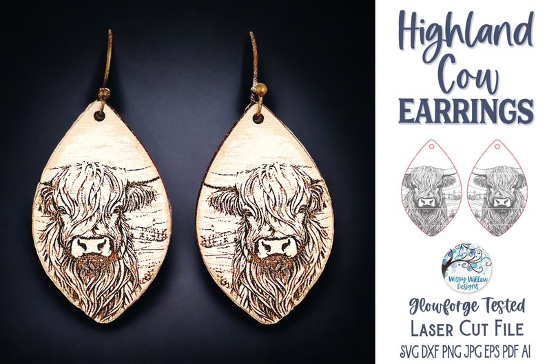 May include: A pair of teardrop-shaped wooden earrings featuring a laser-engraved Highland cow illustration. The earrings hang from bronze-toned metal hooks. The image includes text reading Highland Cow Earrings, Glowforge Tested Laser Cut File.