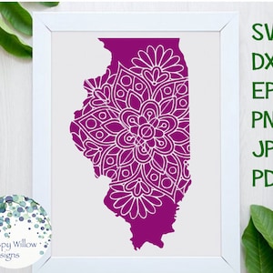 Illinois Floral Mandala SVG, DXF pdf png digitaal downloadbestand, IL svg, bloem, Boho, Cricut, silhouet, gesneden bestand, sticker, staat svg