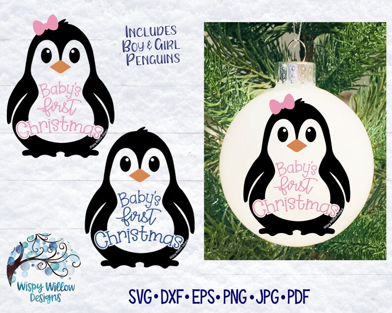 May include: A Christmas ornament featuring a black and white penguin design with a pink bow. The text "Baby's first Christmas" is written in pink script. The image also includes a penguin design with blue text and the words "Includes Boy & Girl Penguins".