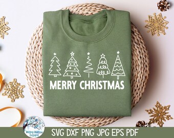 May include: A green sweatshirt with a white design of five stylized Christmas trees and the text "Merry Christmas".