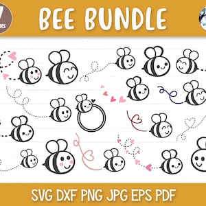 Bee SVG Bundle for Cricut, Flying Bumble Bees with Dotted Lines, Cute Kawaii Bee with Hearts Clipart, Bee Monogram Frame, Vinyl Decal Files