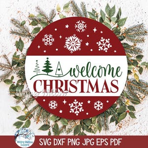 Welcome Christmas SVG, Round Merry Christmas Sign for Cricut, Winter Holiday Farmhouse Decor, Snowflake Door Hanger PNG, Cut File, JPG