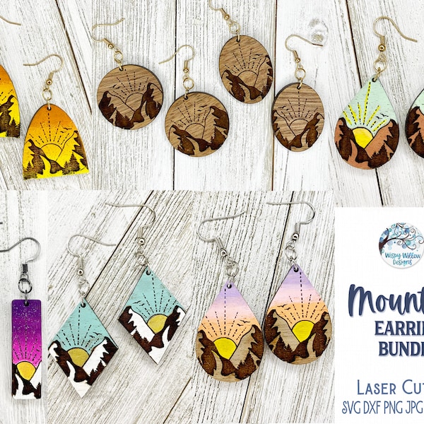 Mountain Earrings Bundle, File for Glowforge or Laser Cutter, Sunrise Mountains, Outdoors, Adventure, Wood Earring SVG File, Stud and Dangle