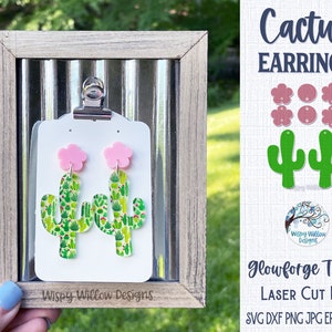 Archivo SVG de aretes de cactus para Glowforge o cortador láser, joyería de verano, aretes de planta suculenta, cactus del desierto con flor, archivo cortado con láser